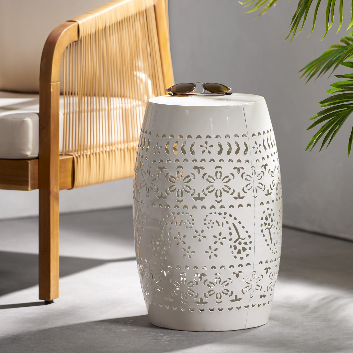 Barrel-Shaped Lace-Cut Metal Outdoor Indoor Side Table