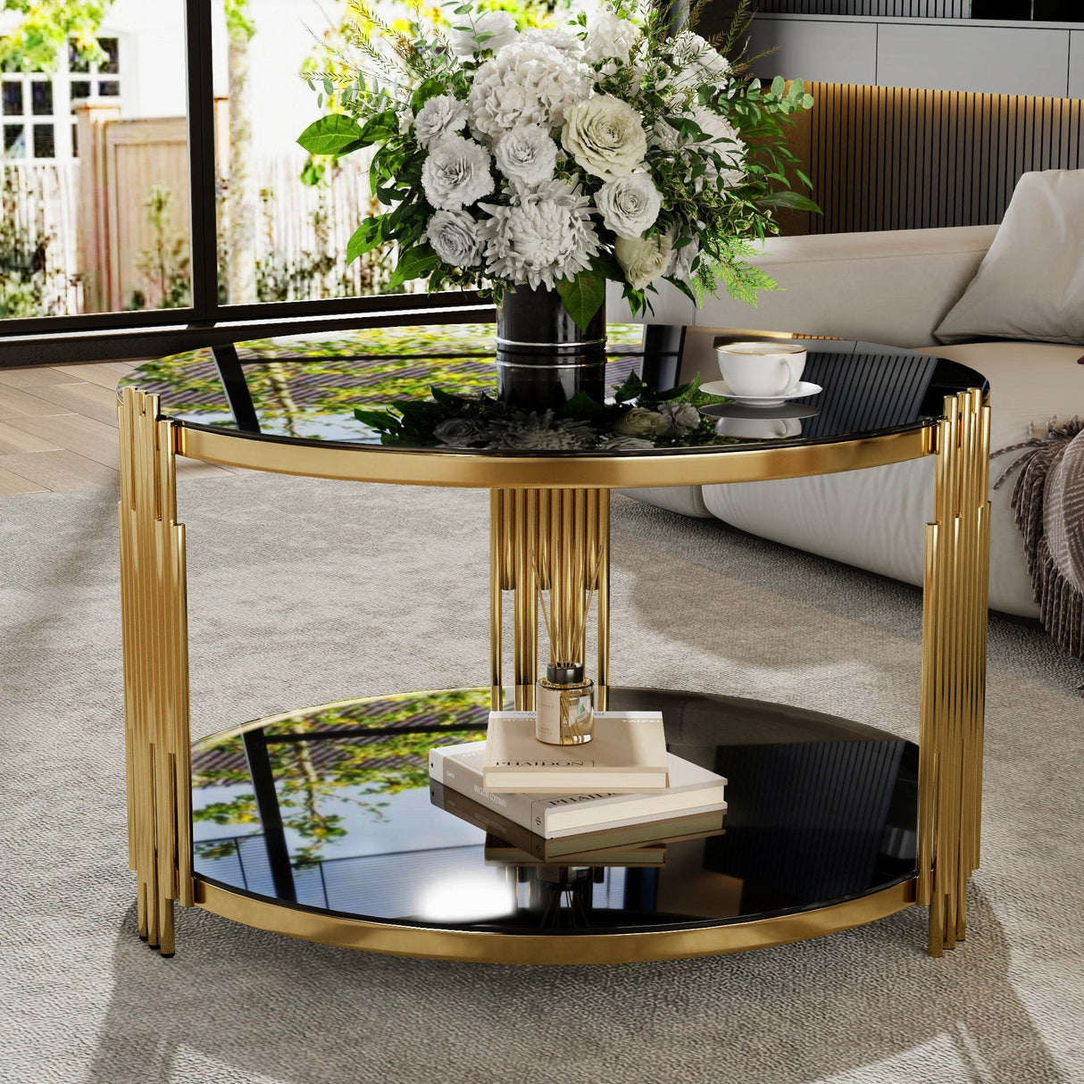 Modern Black Mirror Round Coffee Table With Shelf - Sleep Galleria