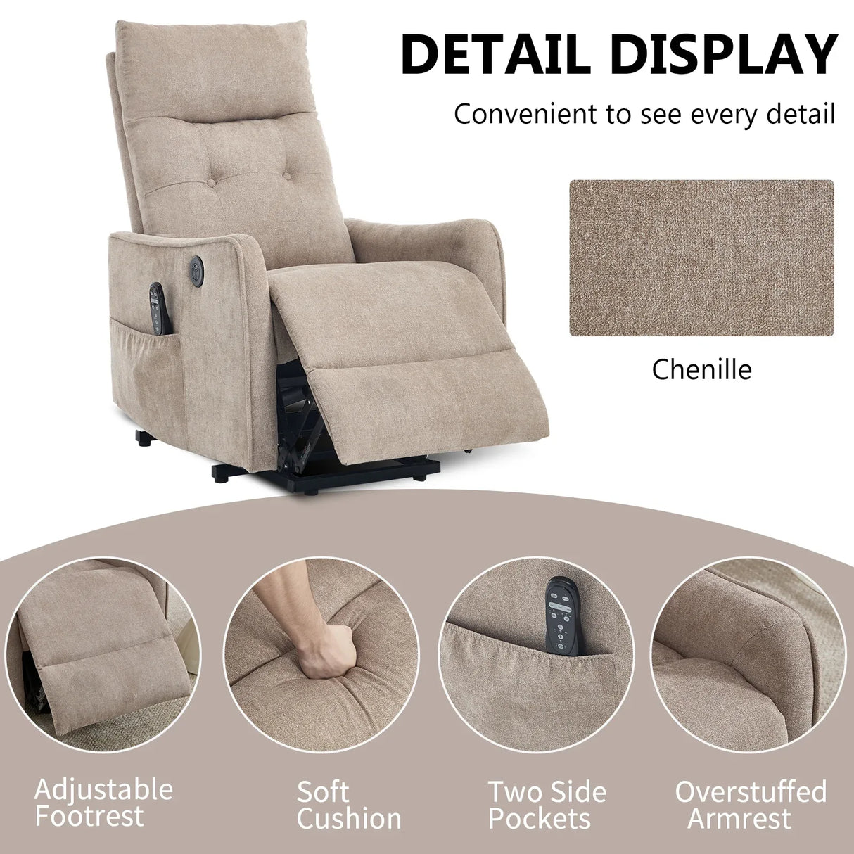 Khaki Chenille Medium-Firm Power Lift Massage Recliner Chair - Omega Lifestyles