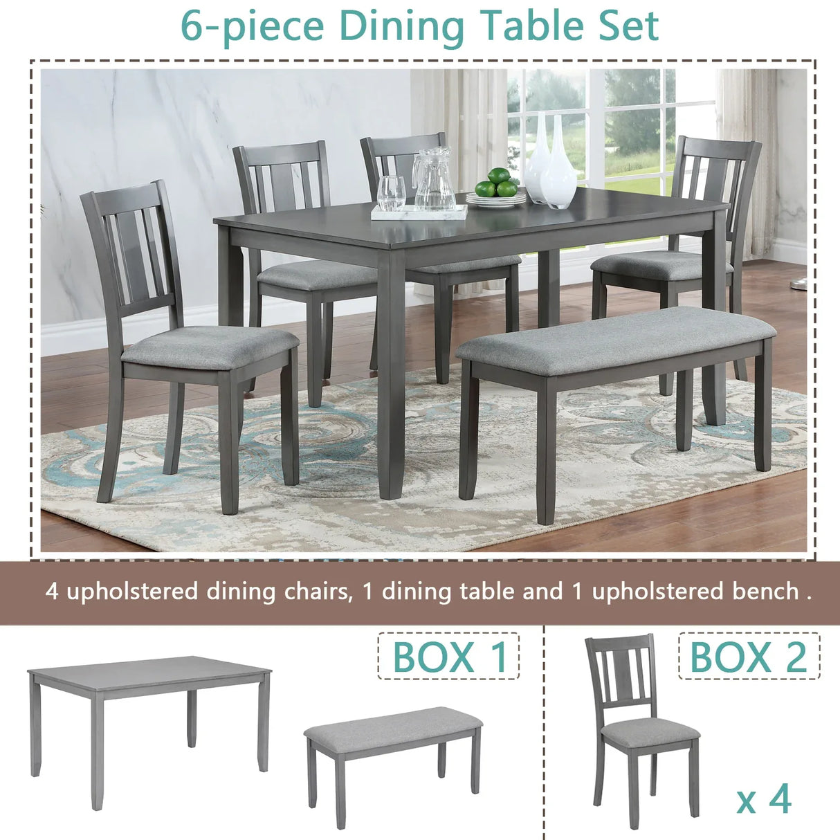 6-Piece Gray Acacia Wood Dining Table Set With Bench - Omega Lifestyles