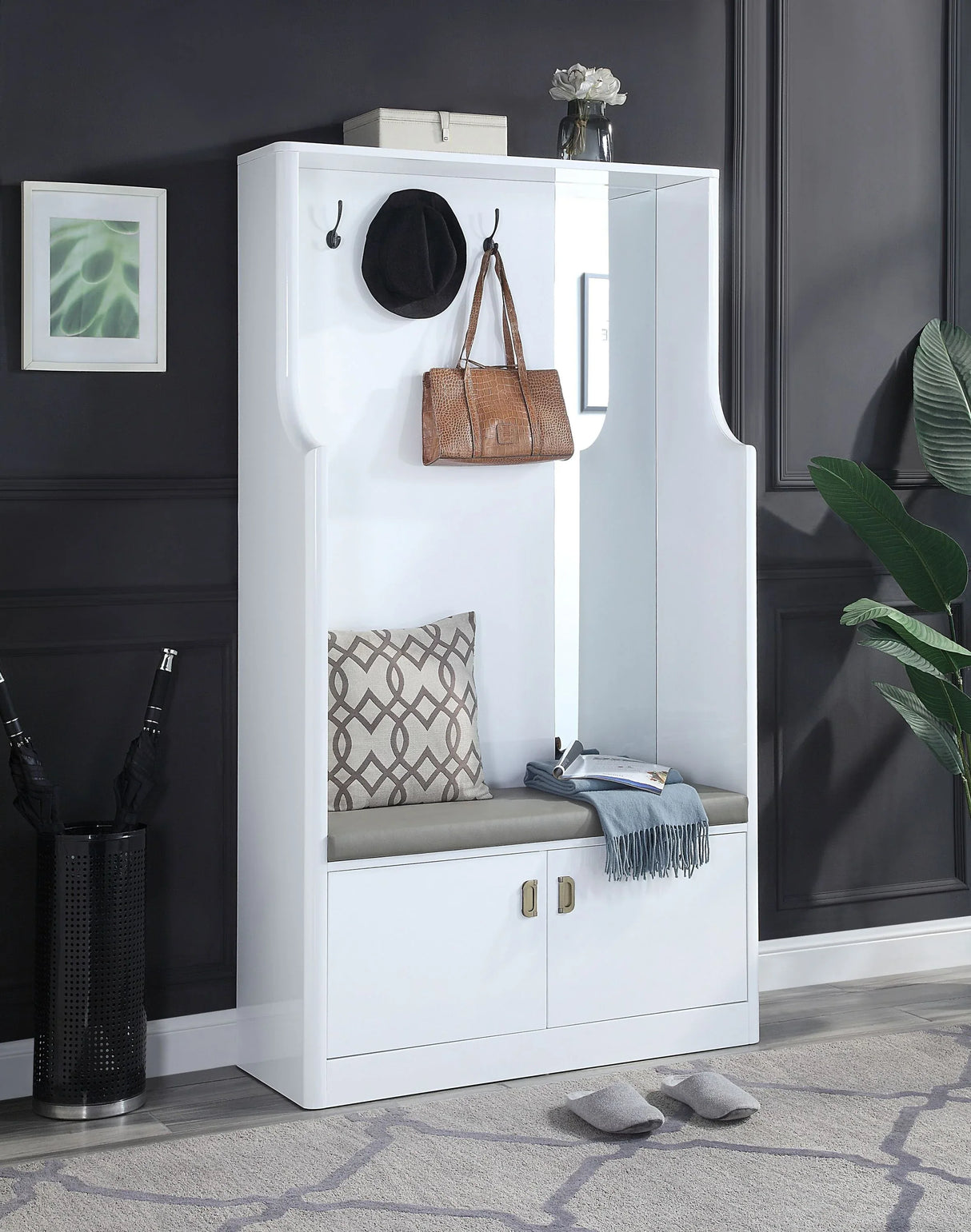 Contemporary White Upholstered Hall Tree With Storage Bench - Omega Lifestyles