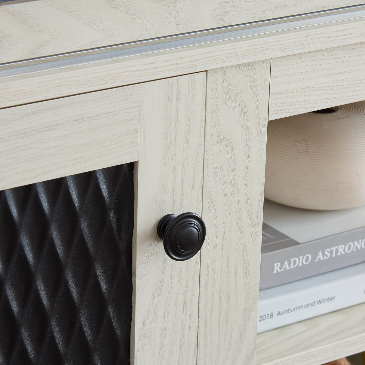 Embossed White MDF TV Stand With Storage and Cord Management - Sleep Galleria