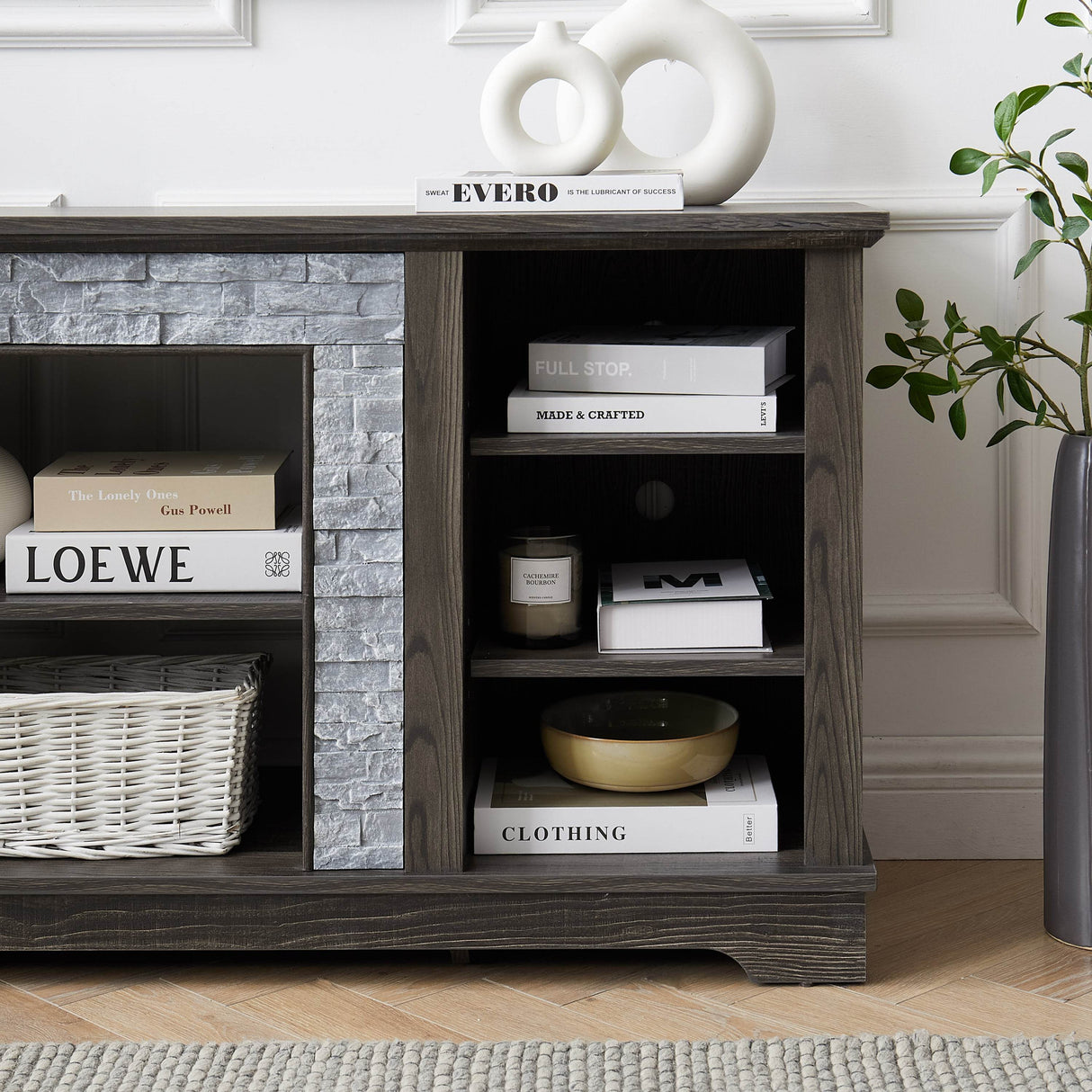 Grey Faux Stacked Stone MDF TV Media Stand Console - Sleep Galleria