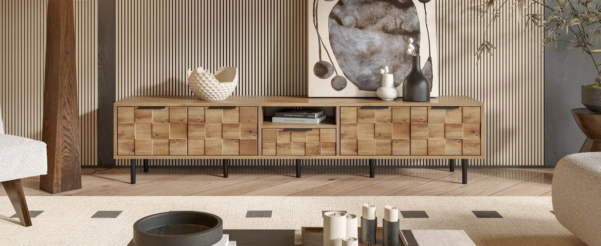Natural Wood Checkered Pattern TV Stand With Storage - Sleep Galleria