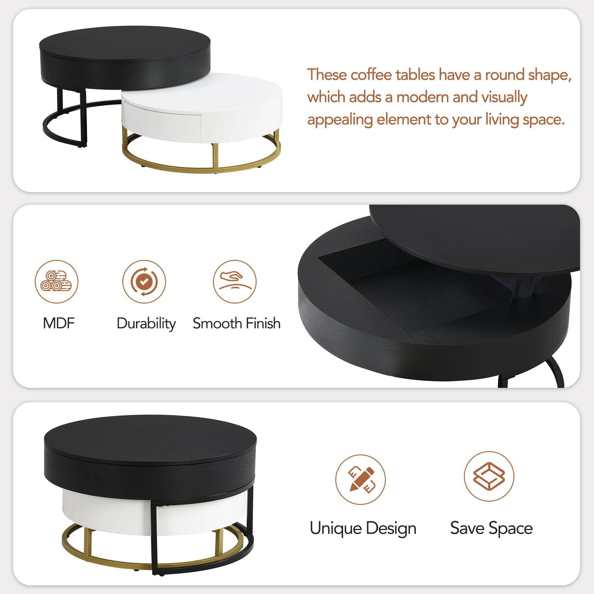 Modern Round Lift-Top Nesting Coffee Tables With Drawers - Sleep Galleria