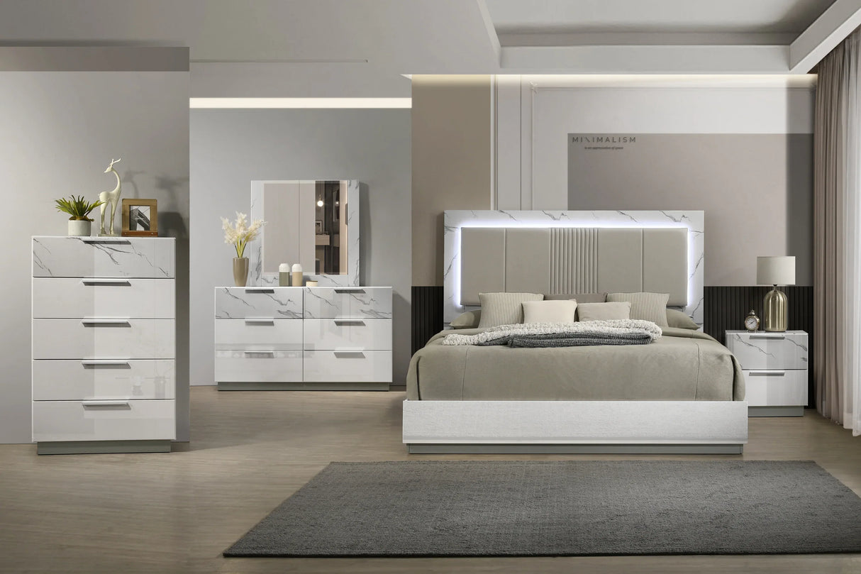 Modern White Lacquer Wood King Bed Frame With LED Lighting - Omega Lifestyles