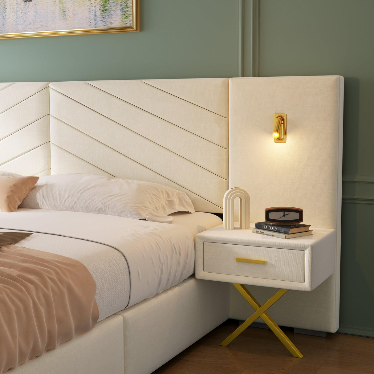 Beige Velvet Wingback Upholstered Wood Bed Frame - Omega Lifestyles