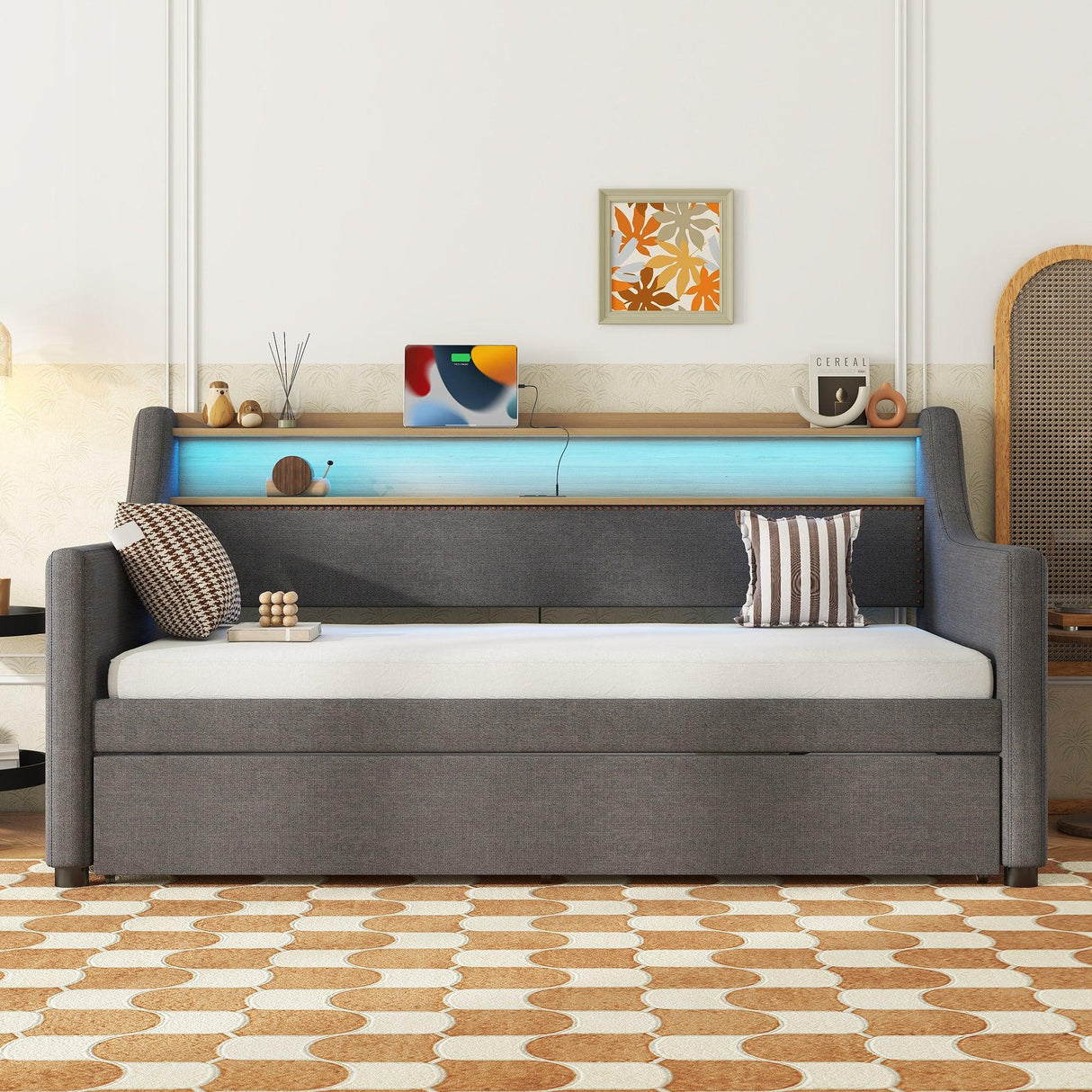 Twin Linen Upholstered Daybed With Trundle Charging Station - Omega Lifestyles