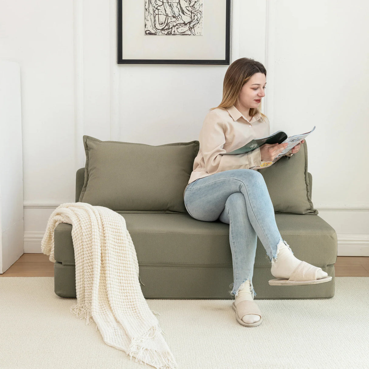 Foldable Corduroy 2-Seat Sofa Bed With Mattress - Omega Lifestyles