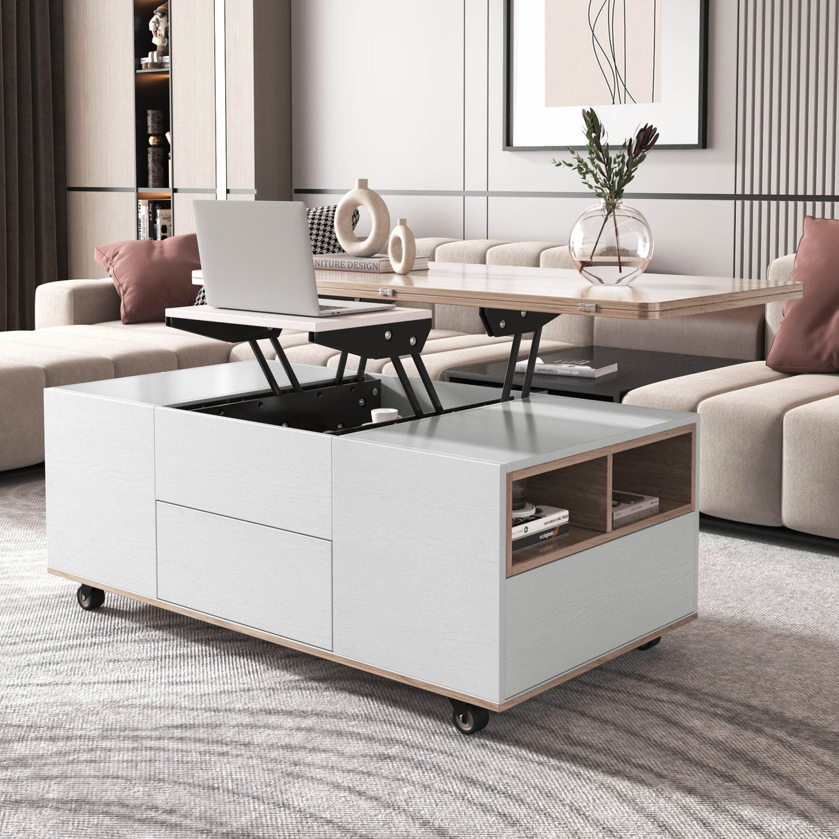 Modern Walnut White Lift Top Coffee Table With Drawers - Sleep Galleria