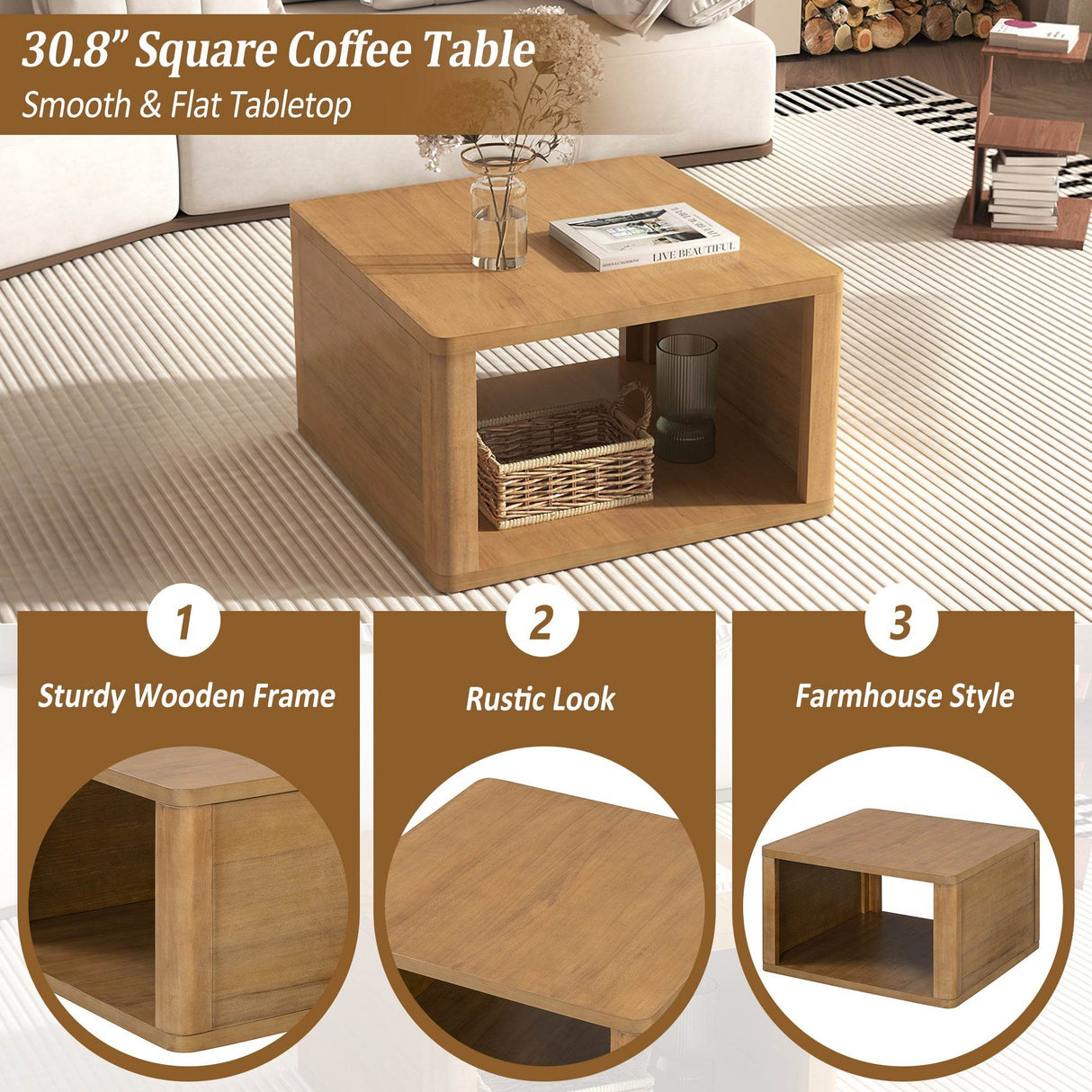 Natural Farmhouse Square Coffee Table With Storage - Sleep Galleria