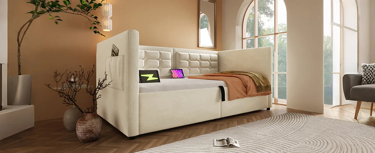 Twin Beige Velvet Upholstered Hydraulic Storage Bed Frame - Omega Lifestyles