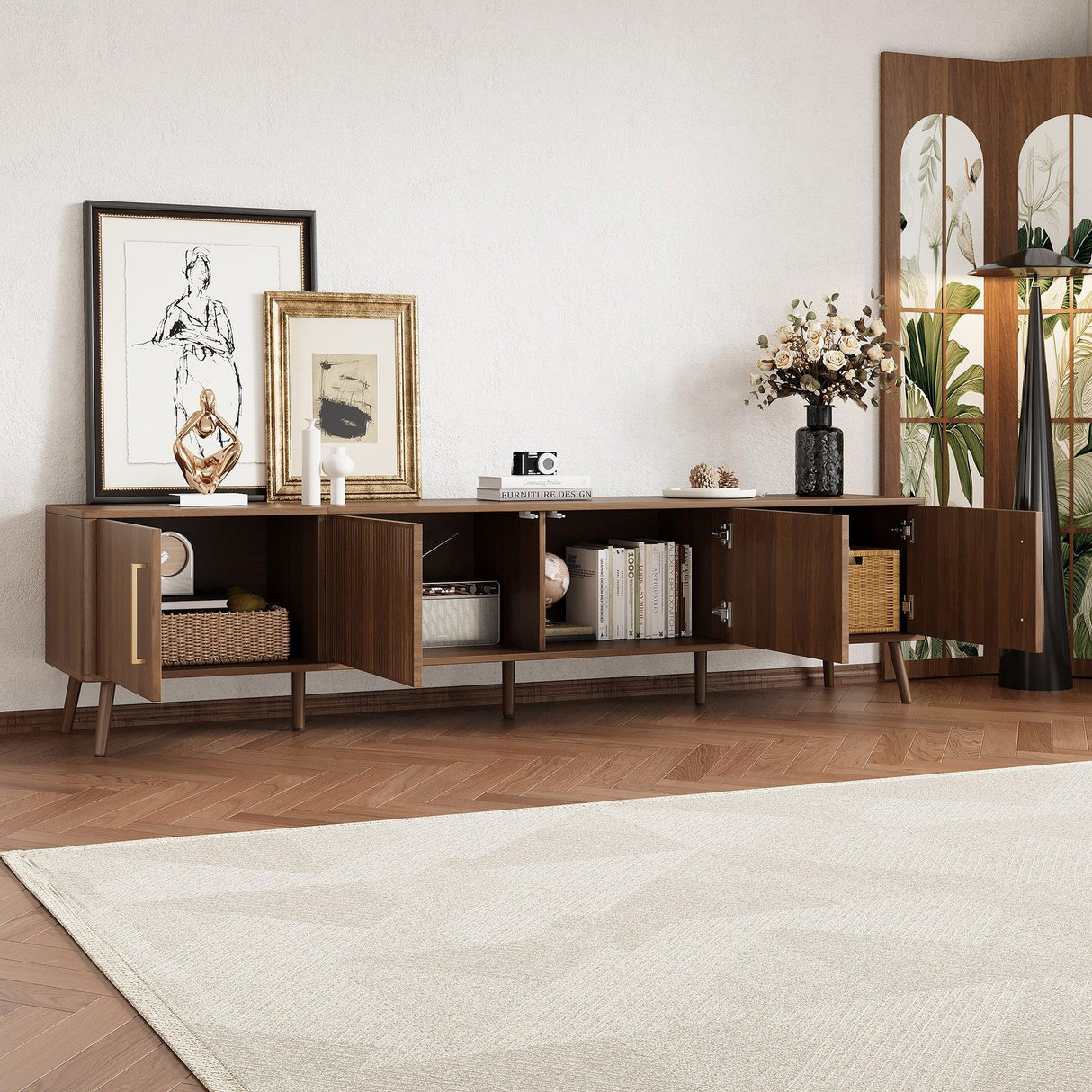 Modern Walnut Fluted Door 78-Inch TV Stand - Omega Lifestyles