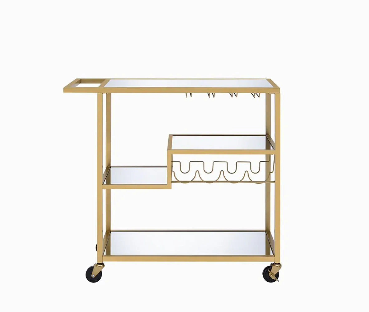 Champagne Finish Mirrored Top Metal Serving Cart - Omega Lifestyles