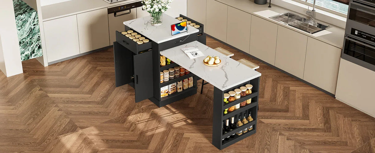 Extendable Black Kitchen Island With Storage Cabinet - Omega Lifestyles