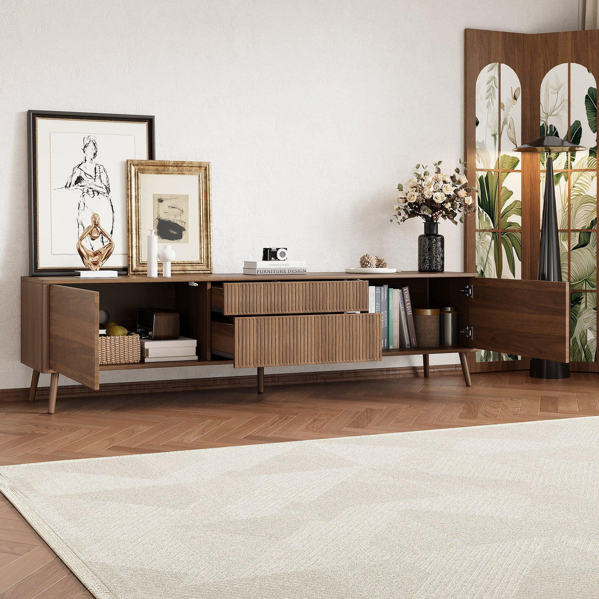 70-Inch Walnut Fluted Modern TV Stand With Storage - Omega Lifestyles