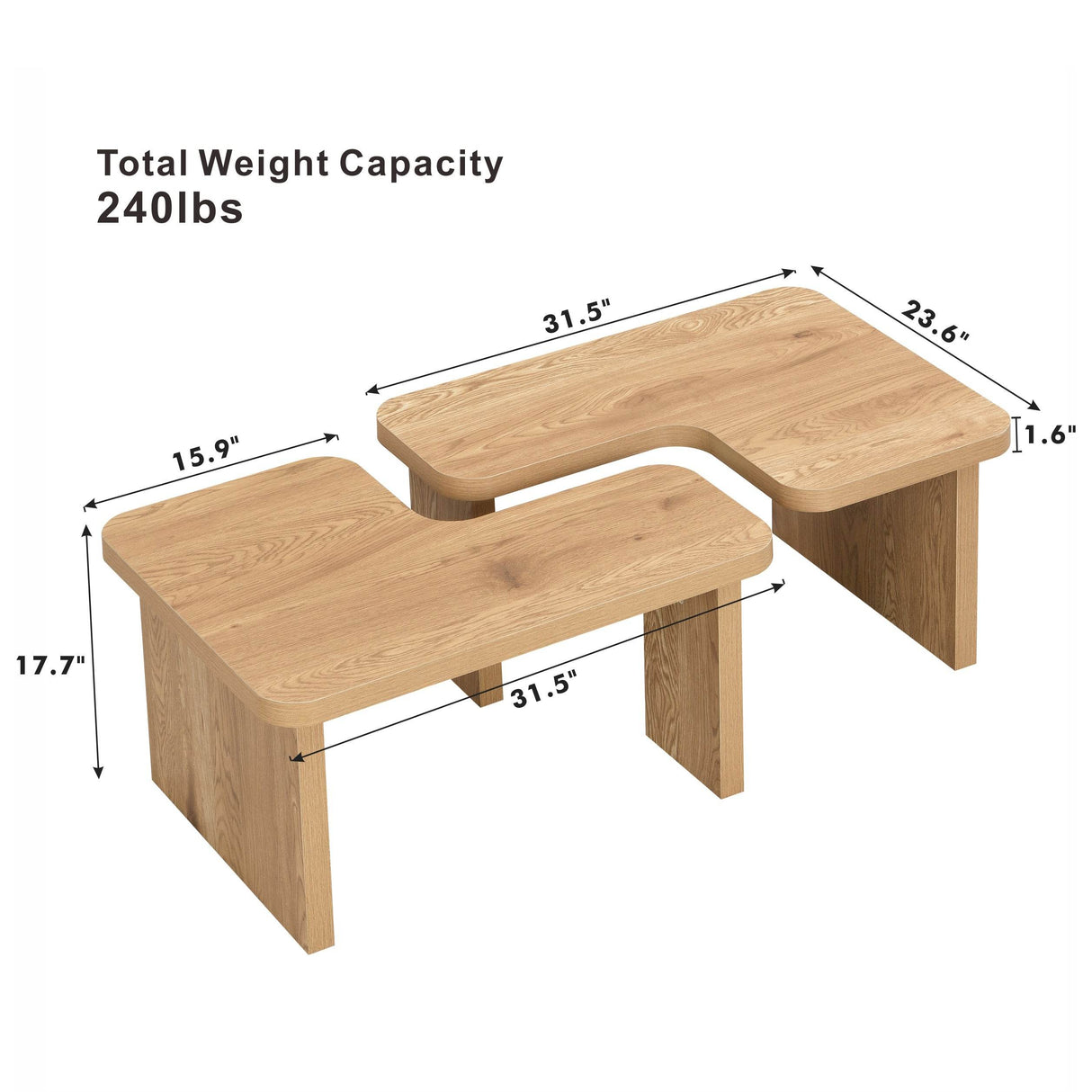 L-Shaped Oak MDF Detachable Farmhouse Coffee Table - Sleep Galleria