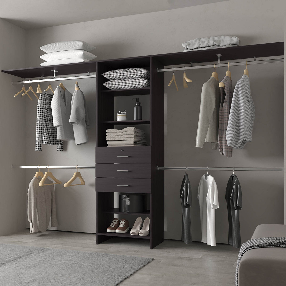 Modular Closet Organizer System With Hanging Rods Drawers