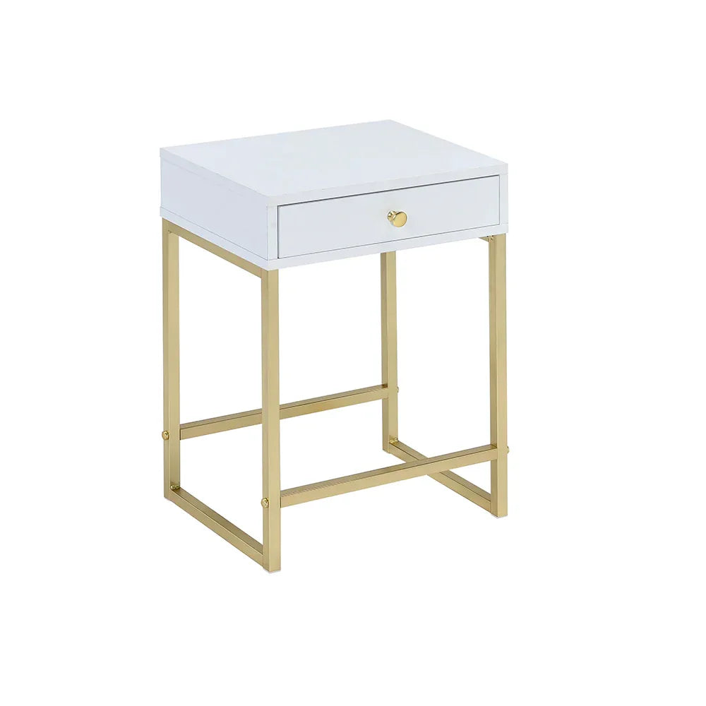 White Brass Finish Metal Accent Table With Drawer - Omega Lifestyles