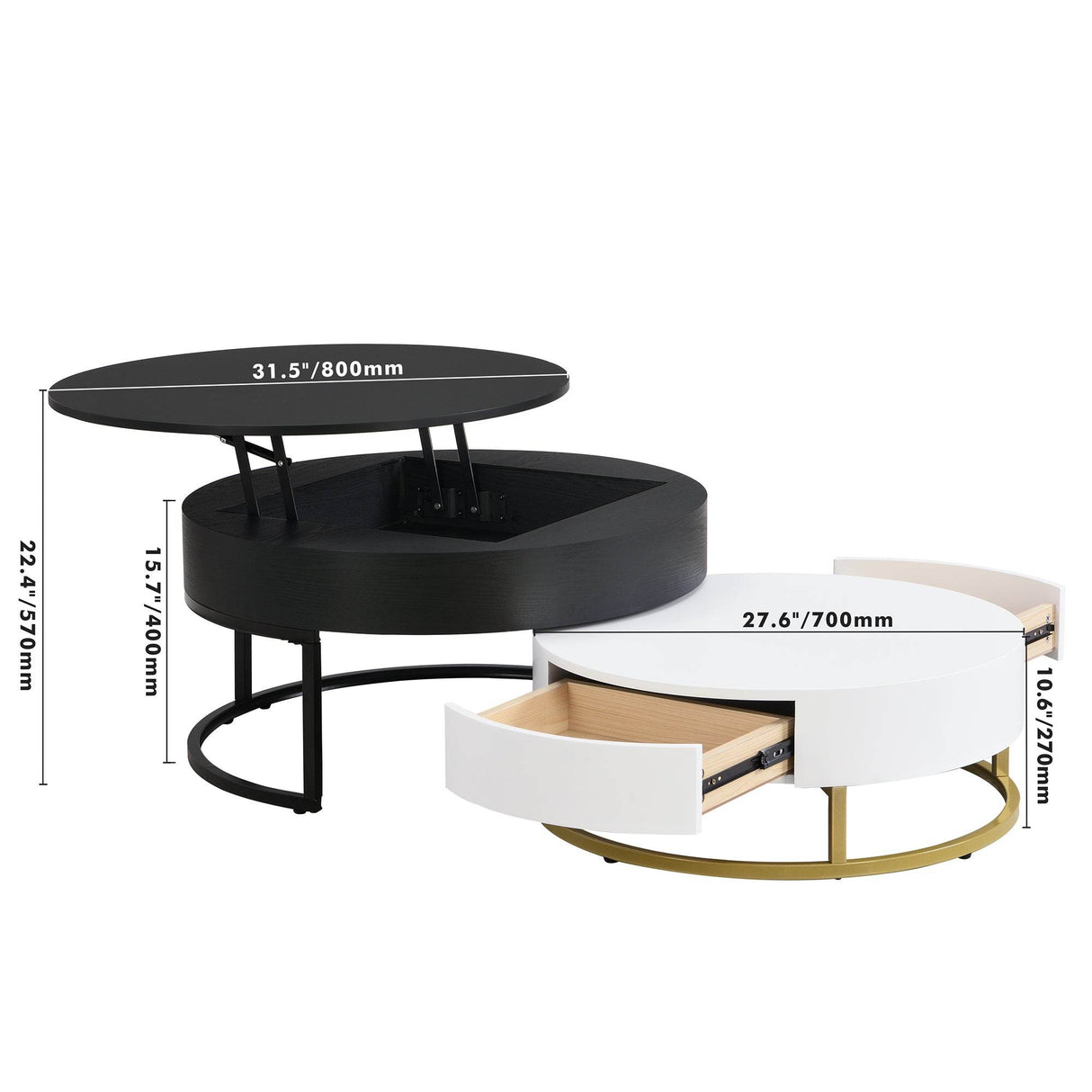 Modern Round Lift-Top Nesting Coffee Tables With Drawers - Sleep Galleria