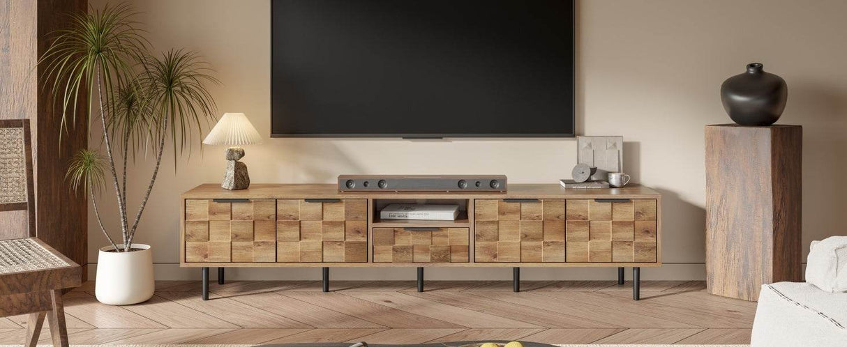 Natural Wood Checkered Pattern TV Stand With Storage - Sleep Galleria