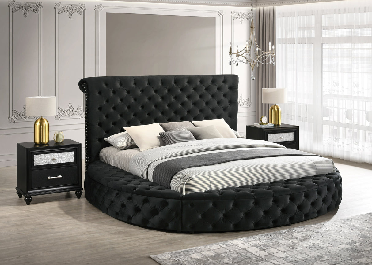 King Black Velvet Round Button-Tufted Storage Bed Set