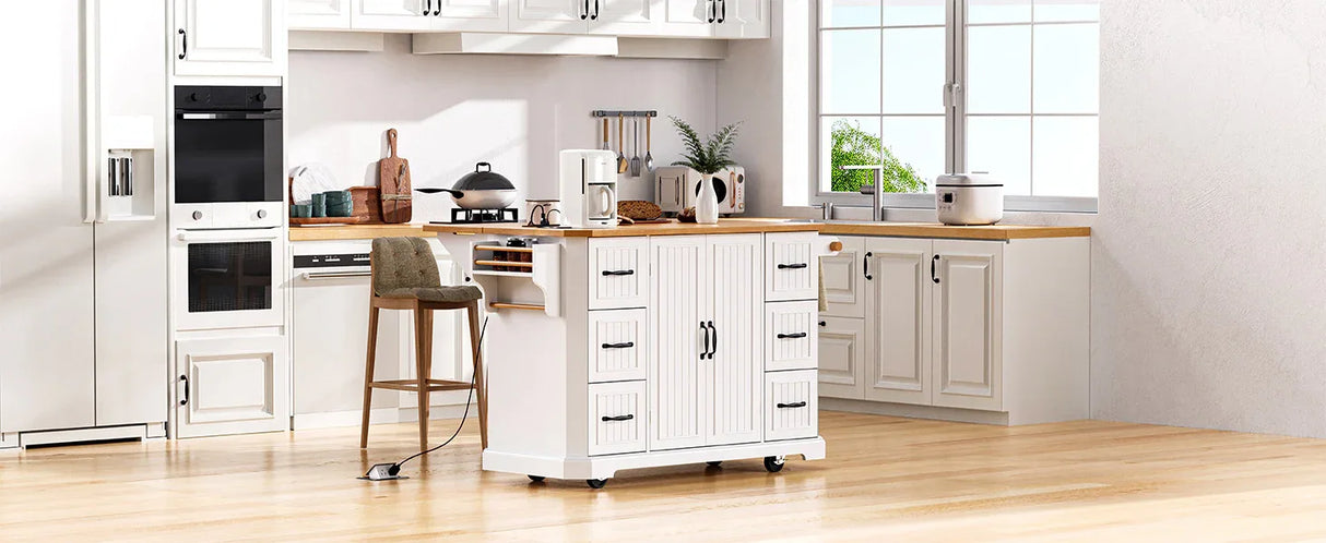 Rustic White Rubber Wood Rolling Kitchen Island Cart - Omega Lifestyles