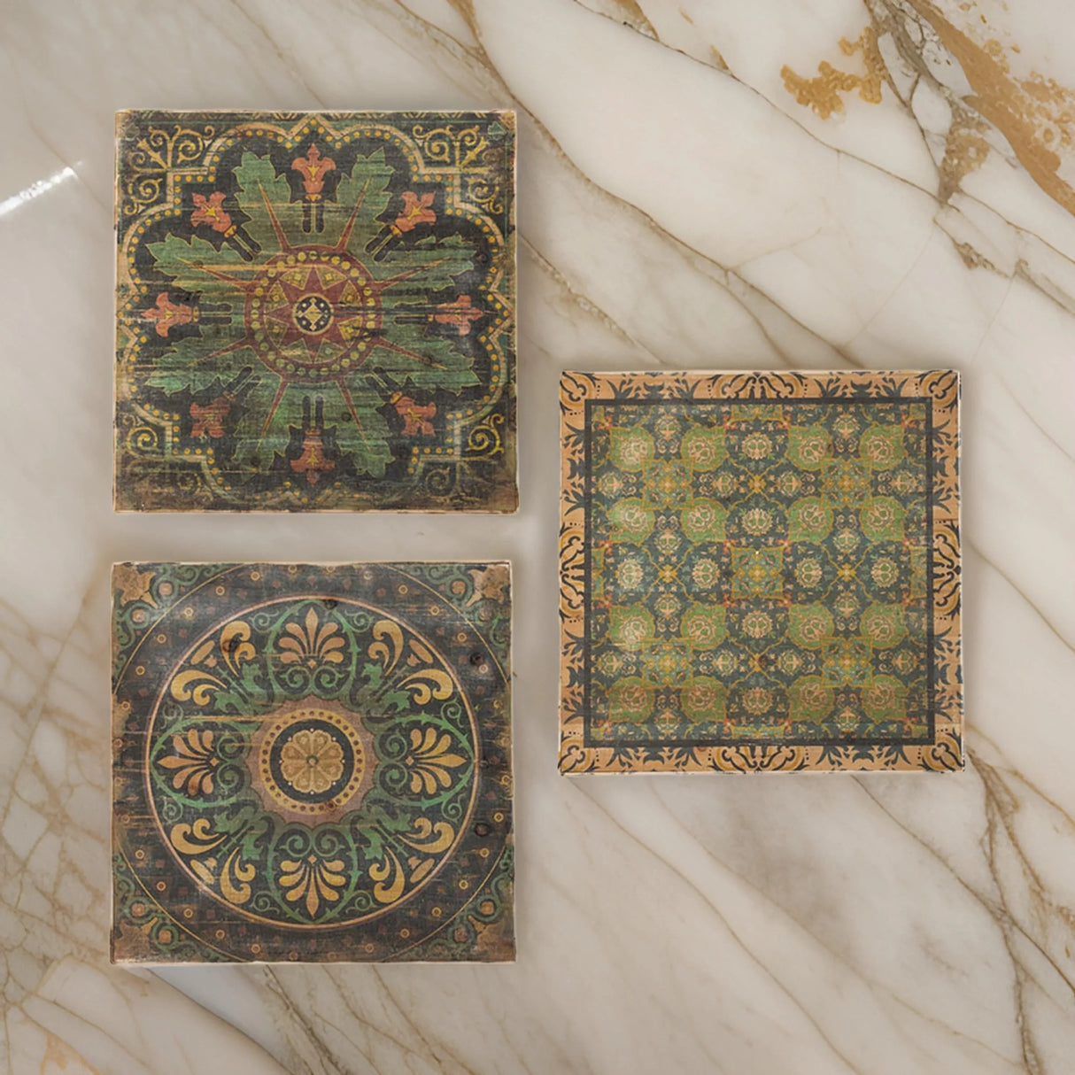 Set of 3 Square Vintage Brown Green MDF Wall Art - Omega Lifestyles