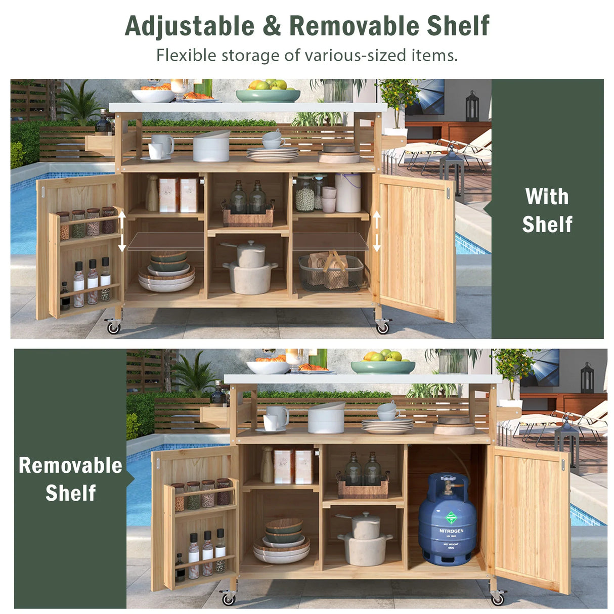 Farmhouse Solid Fir Wood Outdoor Kitchen Island Cart - Omega Lifestyles