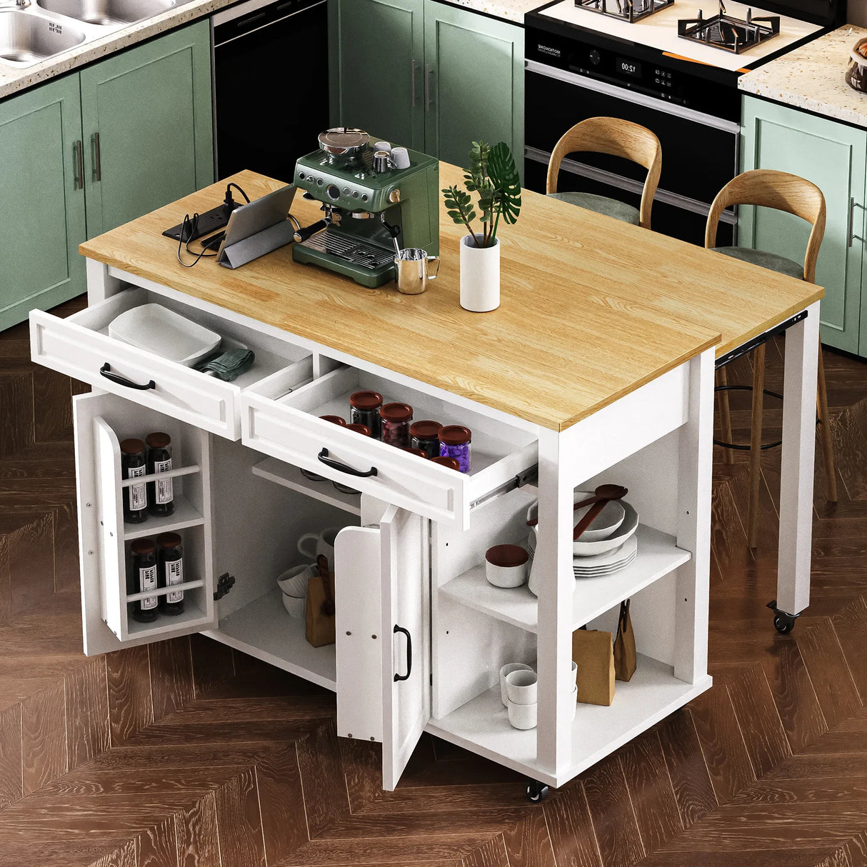 47-Inch Extendable Rubber Wood Veneer Kitchen Island - Omega Lifestyles