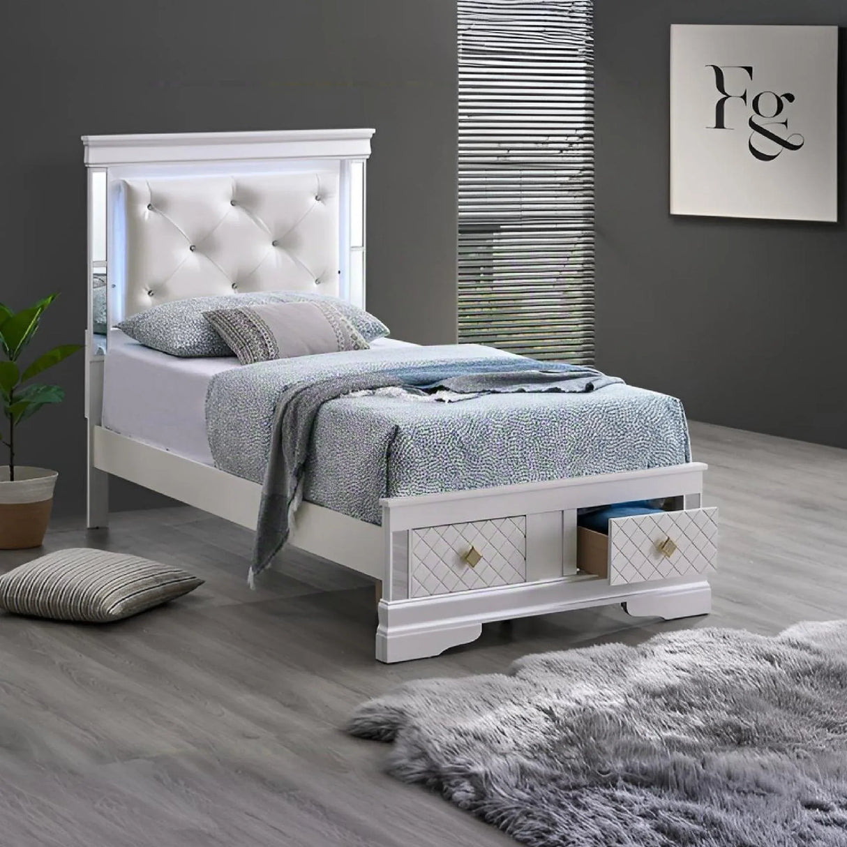 Twin Wood Veneer Bed Frame With LED Lighting And Storage Drawers - Omega Lifestyles