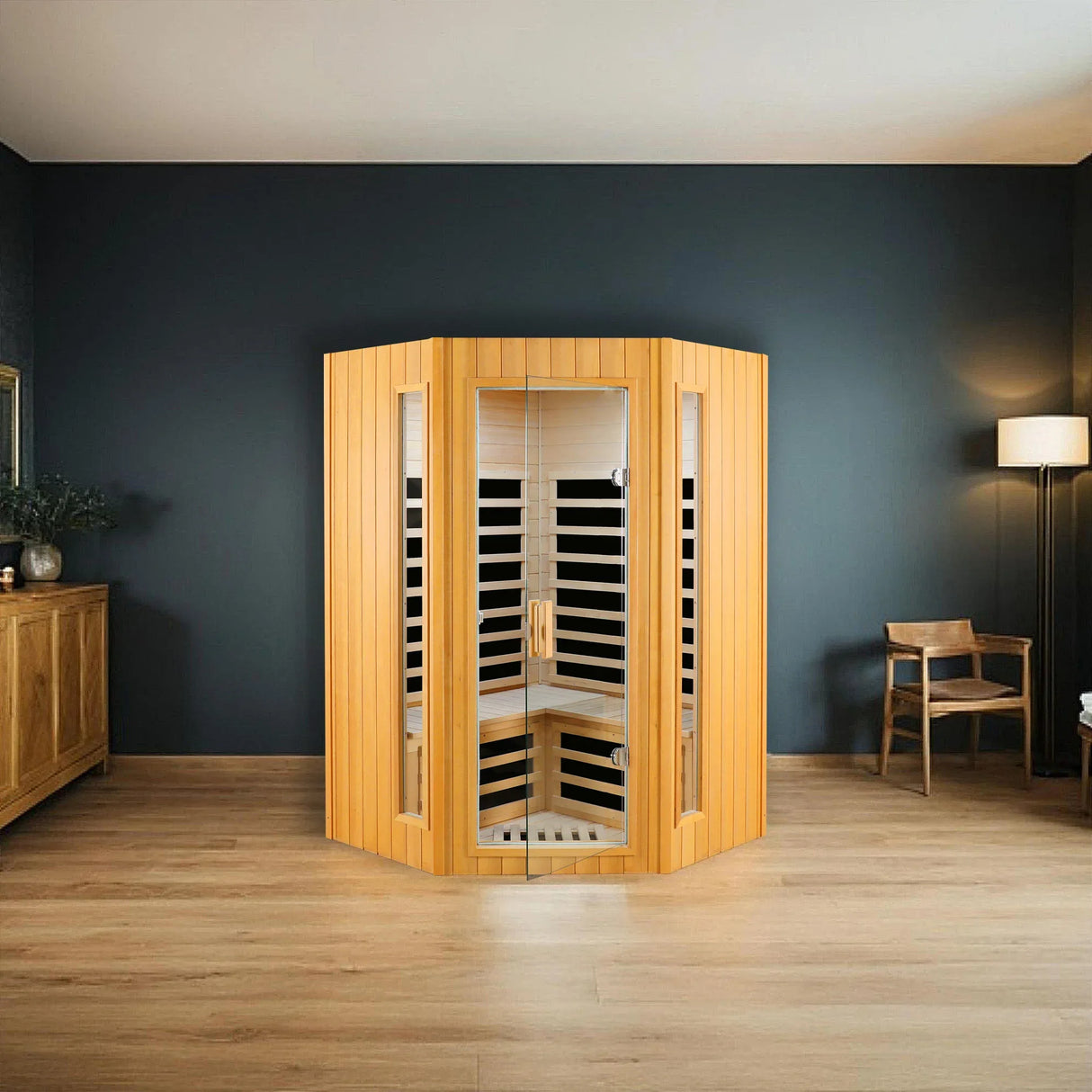 Two Person Hemlock Indoor Pentagonal Far Infrared Sauna Room - Omega Lifestyles