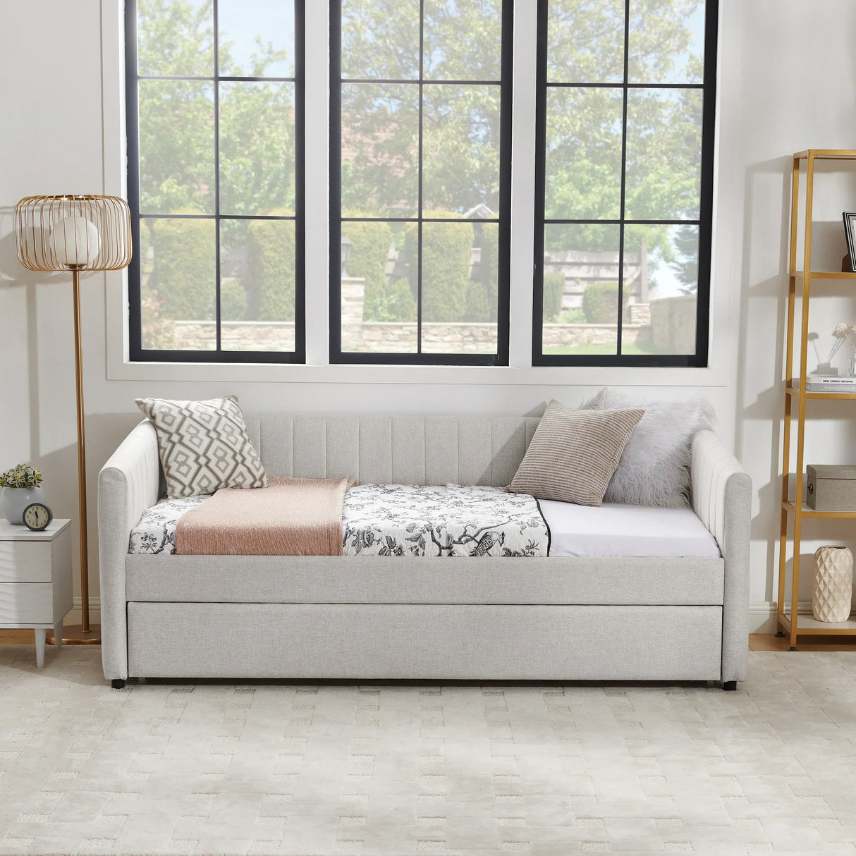 Twin Upholstered Linen Daybed With Functional Trundle - Omega Lifestyles