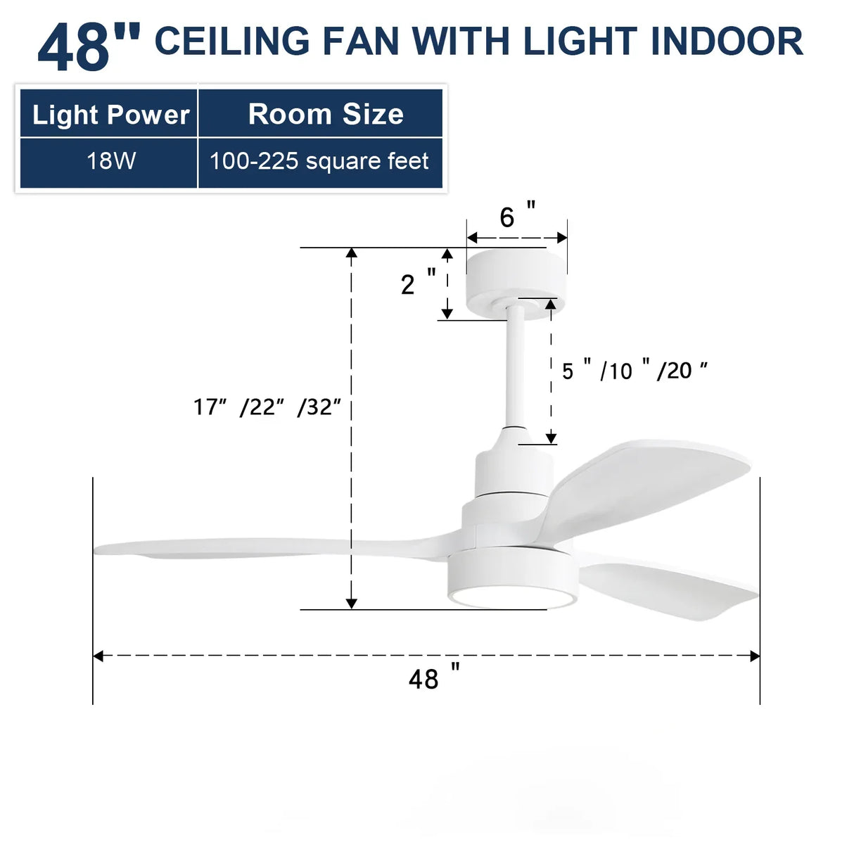 48-Inch White Wood Ceiling Fan With Remote Light - Omega Lifestyles