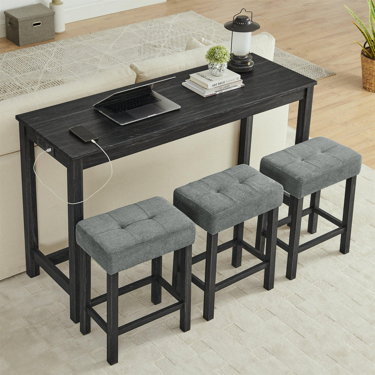 59-Inch Industrial Solid Wood Bar Table And Stools Set - Omega Lifestyles