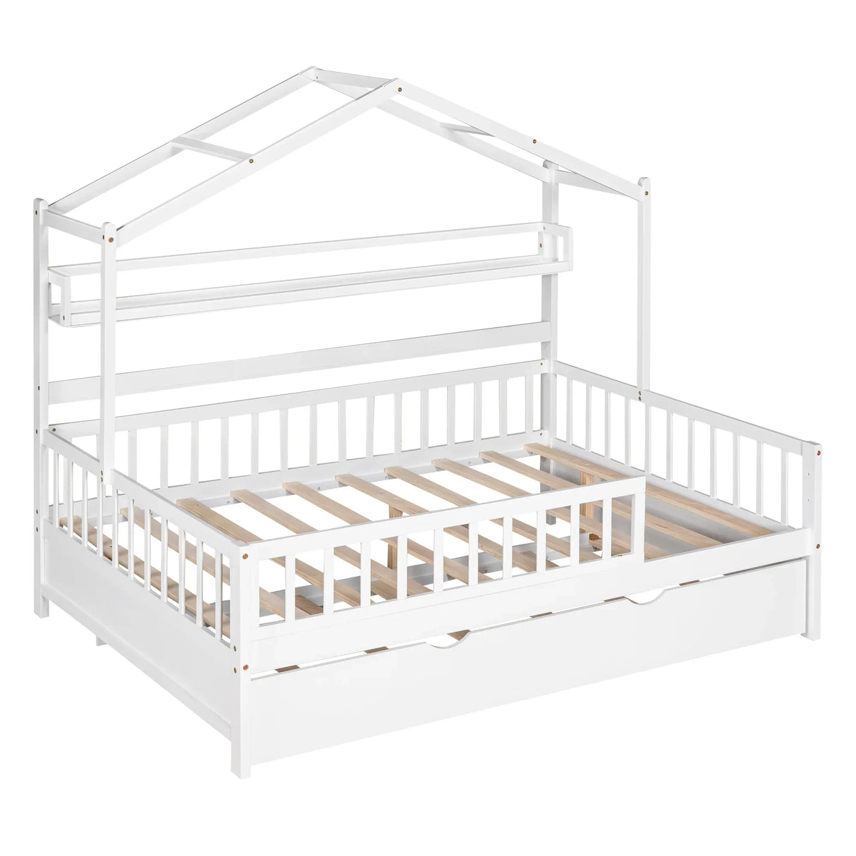 Full Size Wooden House Bed With Twin Trundle And Shelves - Omega Lifestyles
