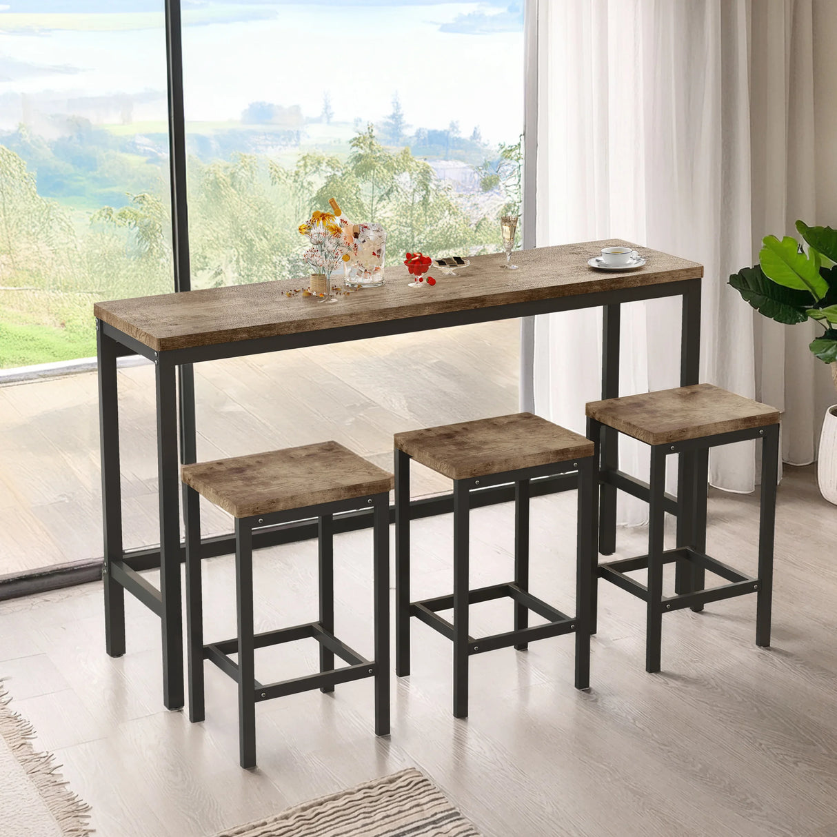 Modern Long Dining Table Set With 3 Stools - Omega Lifestyles