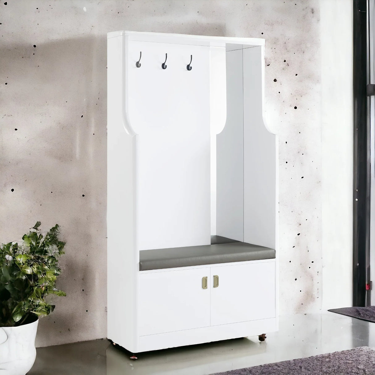 Contemporary White Upholstered Hall Tree With Storage Bench - Omega Lifestyles