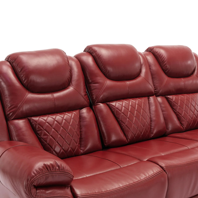 Wine Red Faux Leather Manual Recliner Sofa Set With LED Strip - Omega Lifestyles