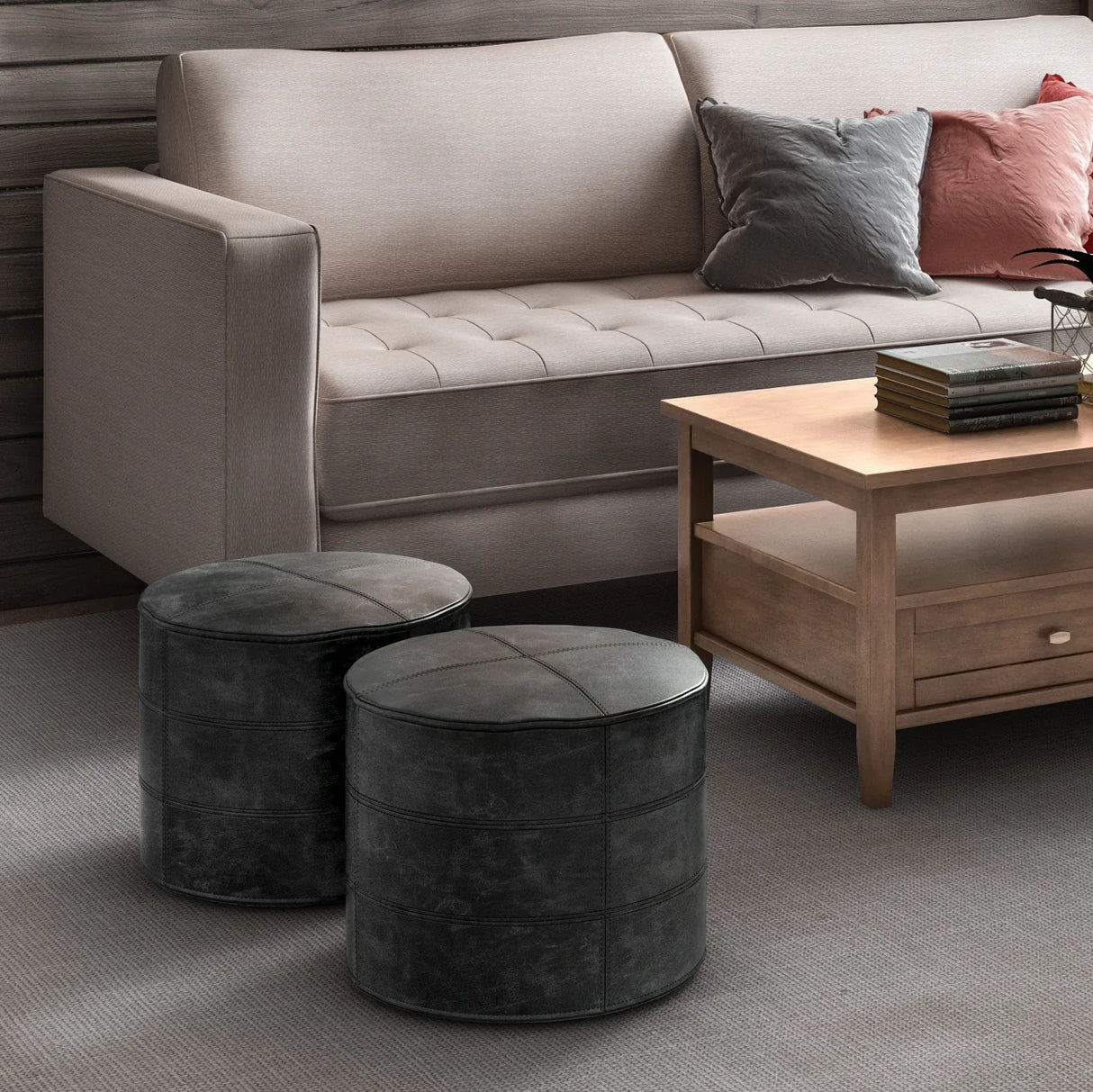 Round Distressed Buffalo Leather Pouf Ottoman - Omega Lifestyles