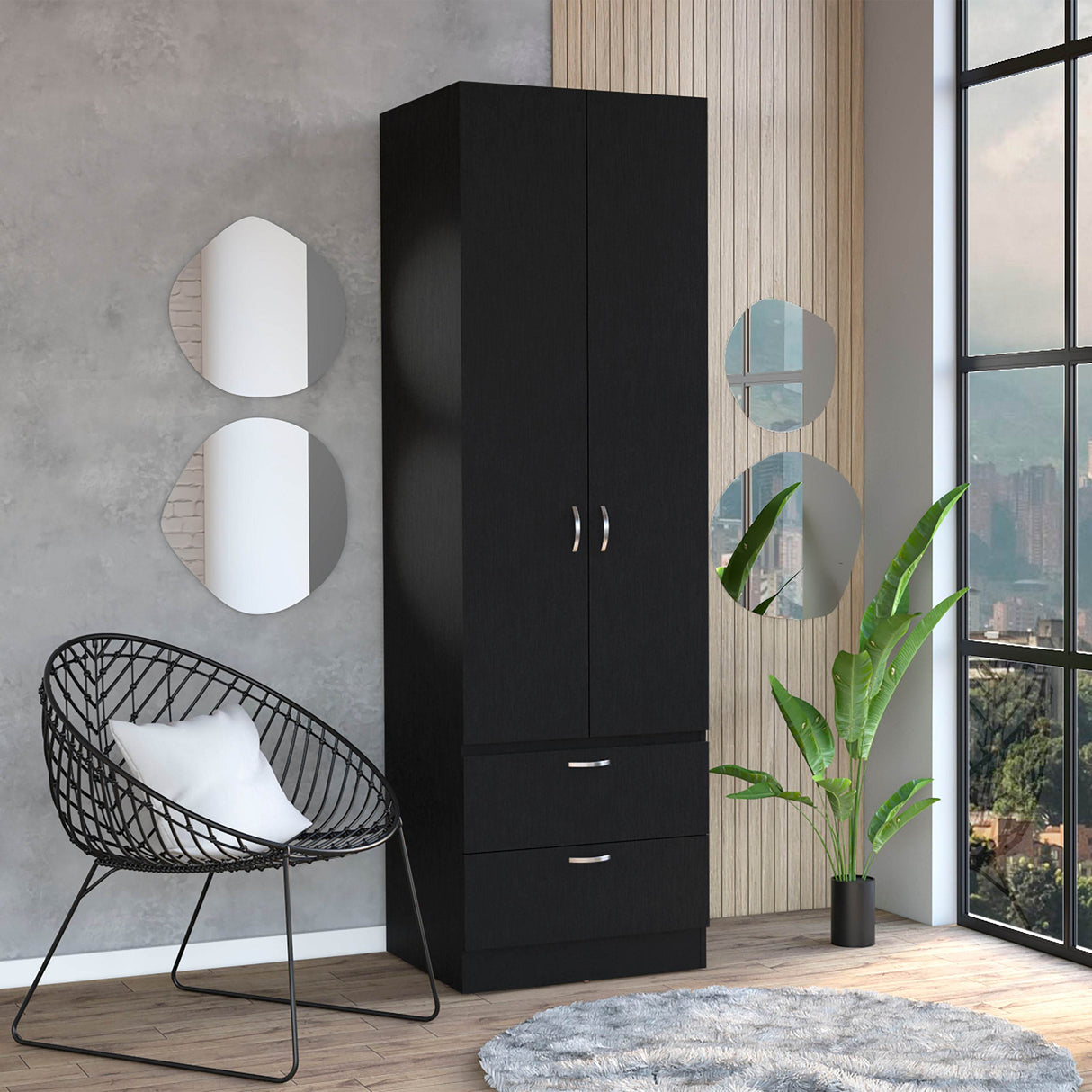Modern Black Engineered Wood Armoire Wardrobe Closet