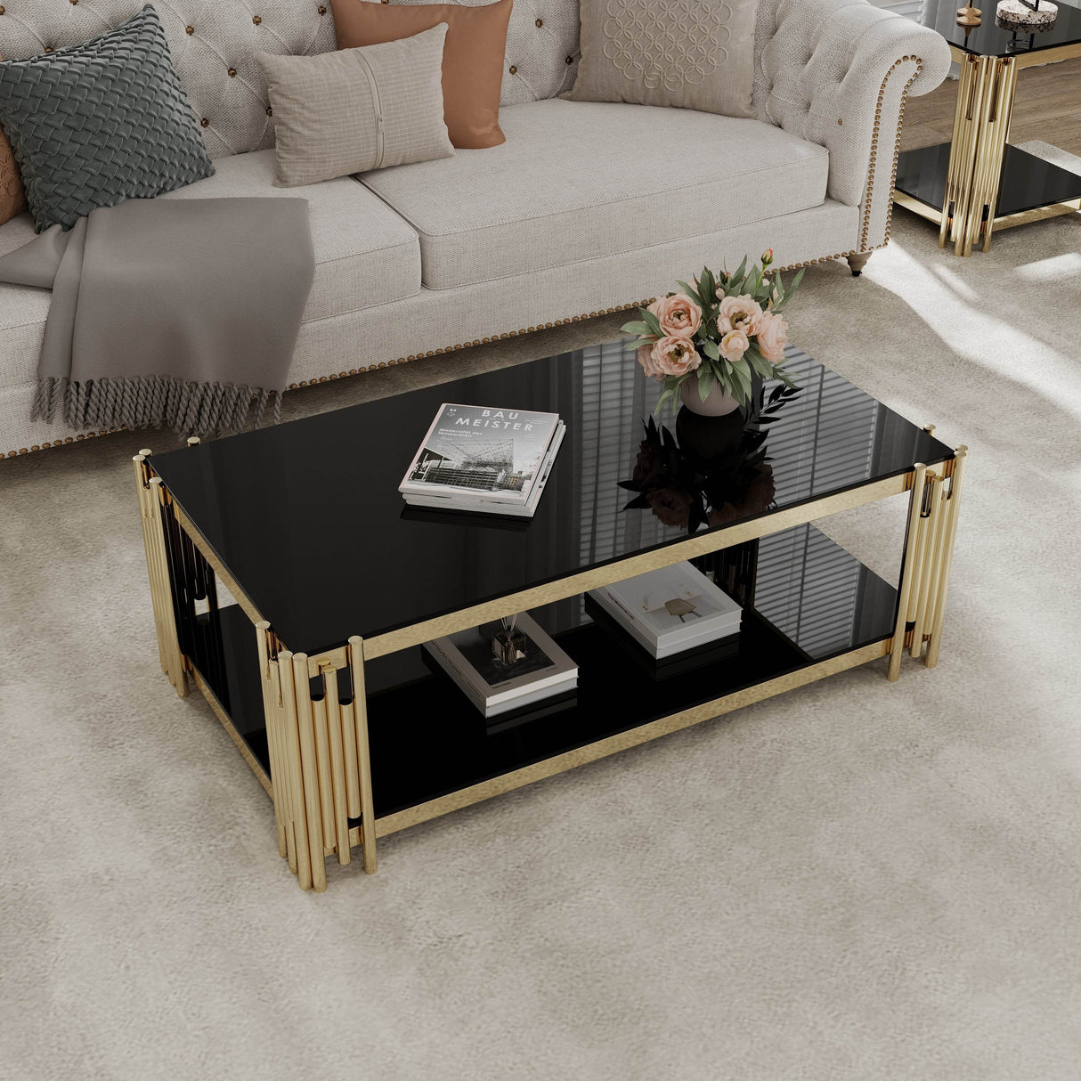 Golden Stainless Steel Rectangular Double-Layer Coffee Table - Sleep Galleria