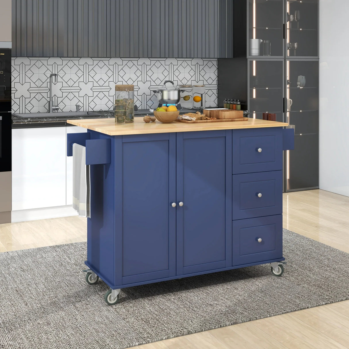 Rolling Mobile Kitchen Island With Solid Wood Top And Storage - Omega Lifestyles