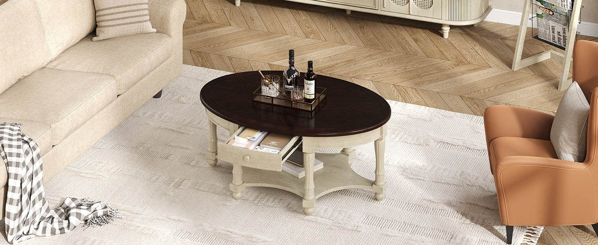 Vintage Oval Coffee Table With Drawer And Storage Shelf - Sleep Galleria