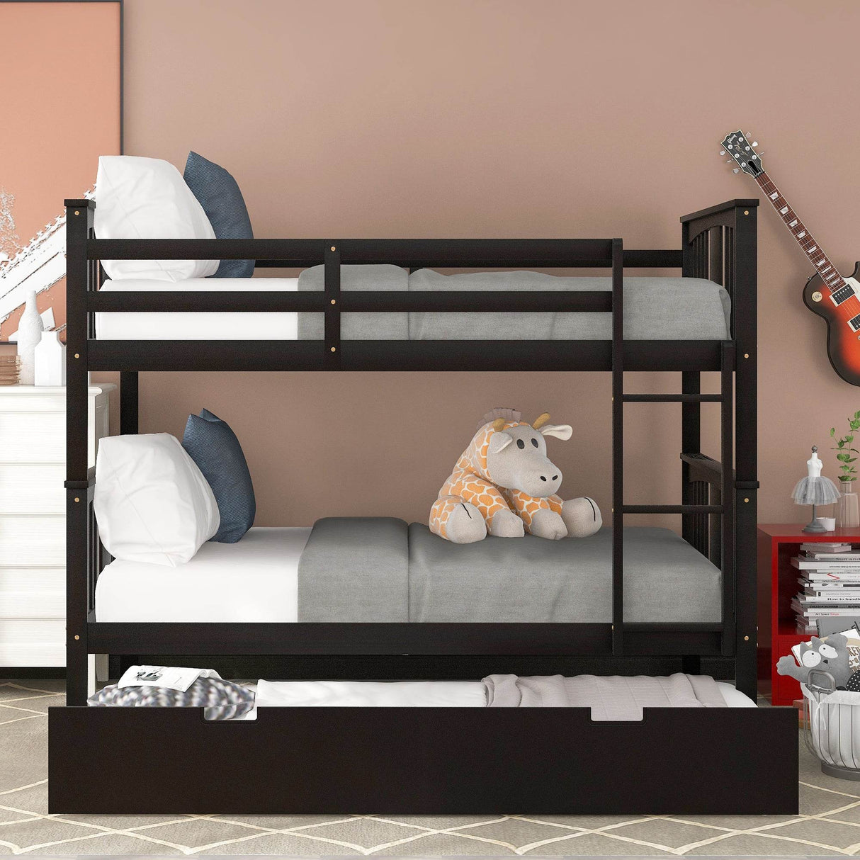 Full Over Full Bunk Bed With Twin Trundle Espresso Solid Wood - Omega Lifestyles