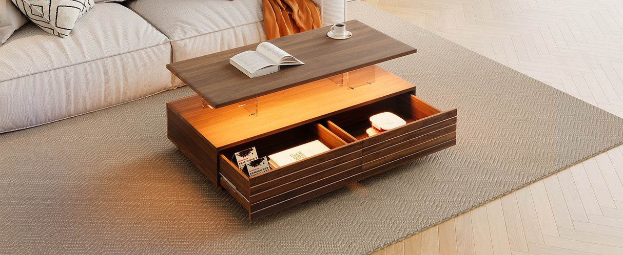 Modern Walnut Rectangle Coffee Table With LED Lights - Sleep Galleria