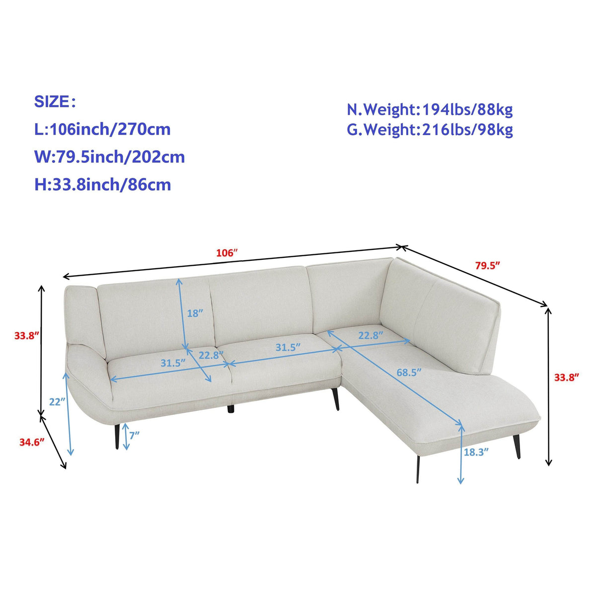 Large Combination 5-Seat Two-Tone Cotton Linen Sofa - Omega Lifestyles