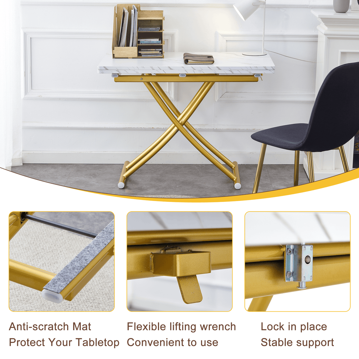 Multifunctional Adjustable Height White Gold Lift Table - Sleep Galleria