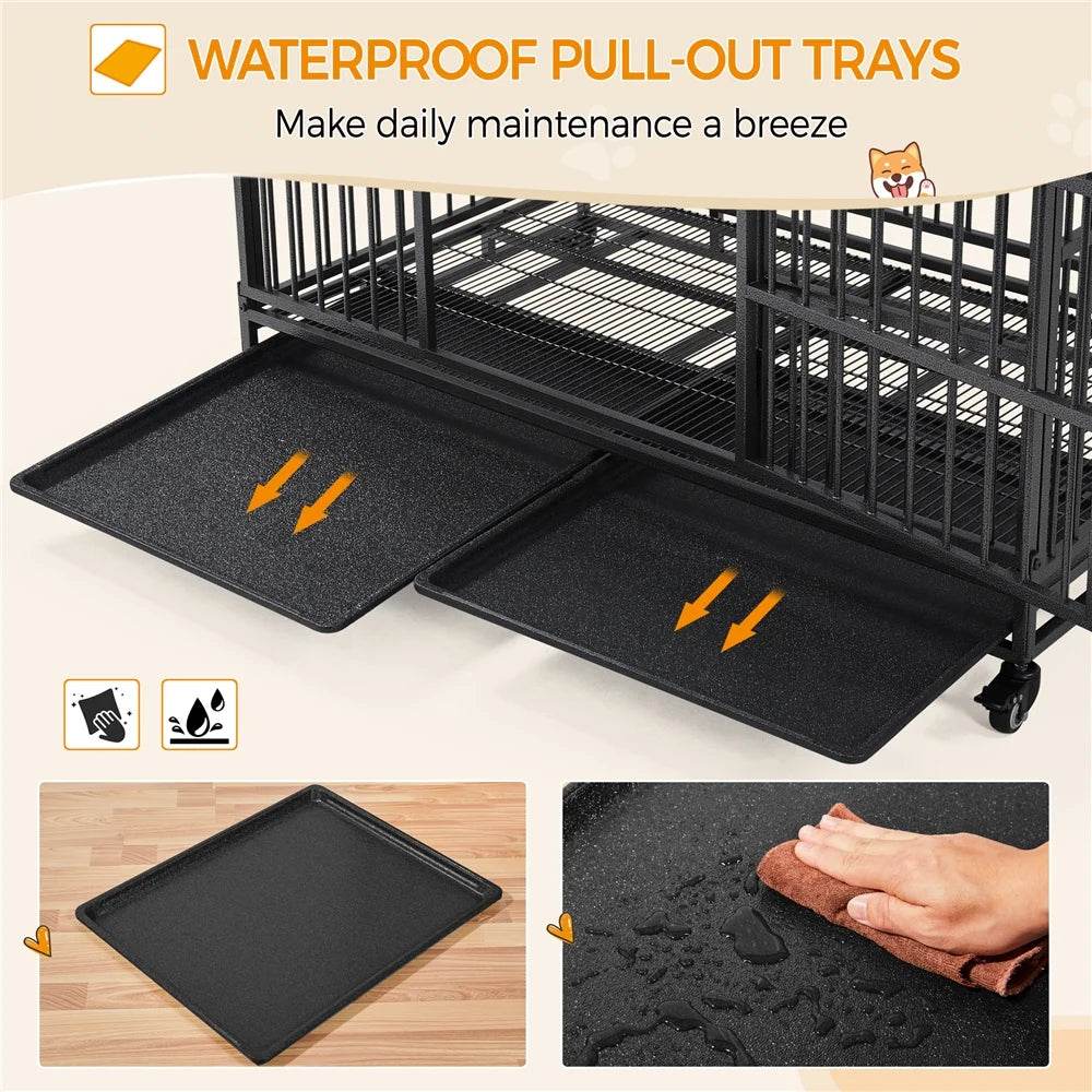 48-Inch Indestructible Rolling Dog Crate with Open-Top Design, Black