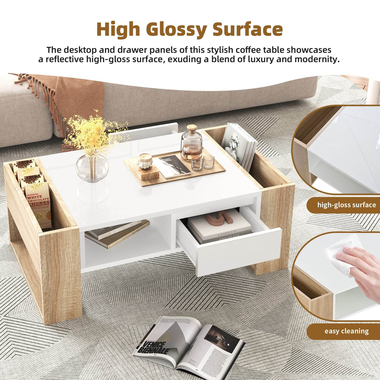 High Glossy White Coffee Table With Drawers - Sleep Galleria